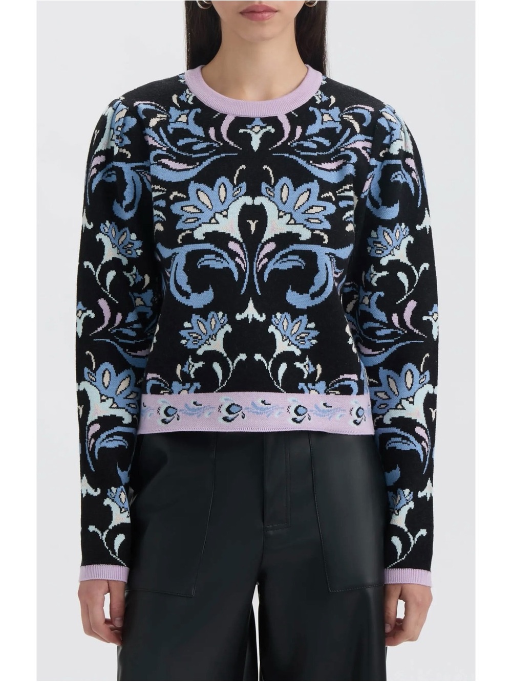 NVLT Crew Neck Sweater in Black Brocade Flower Size M